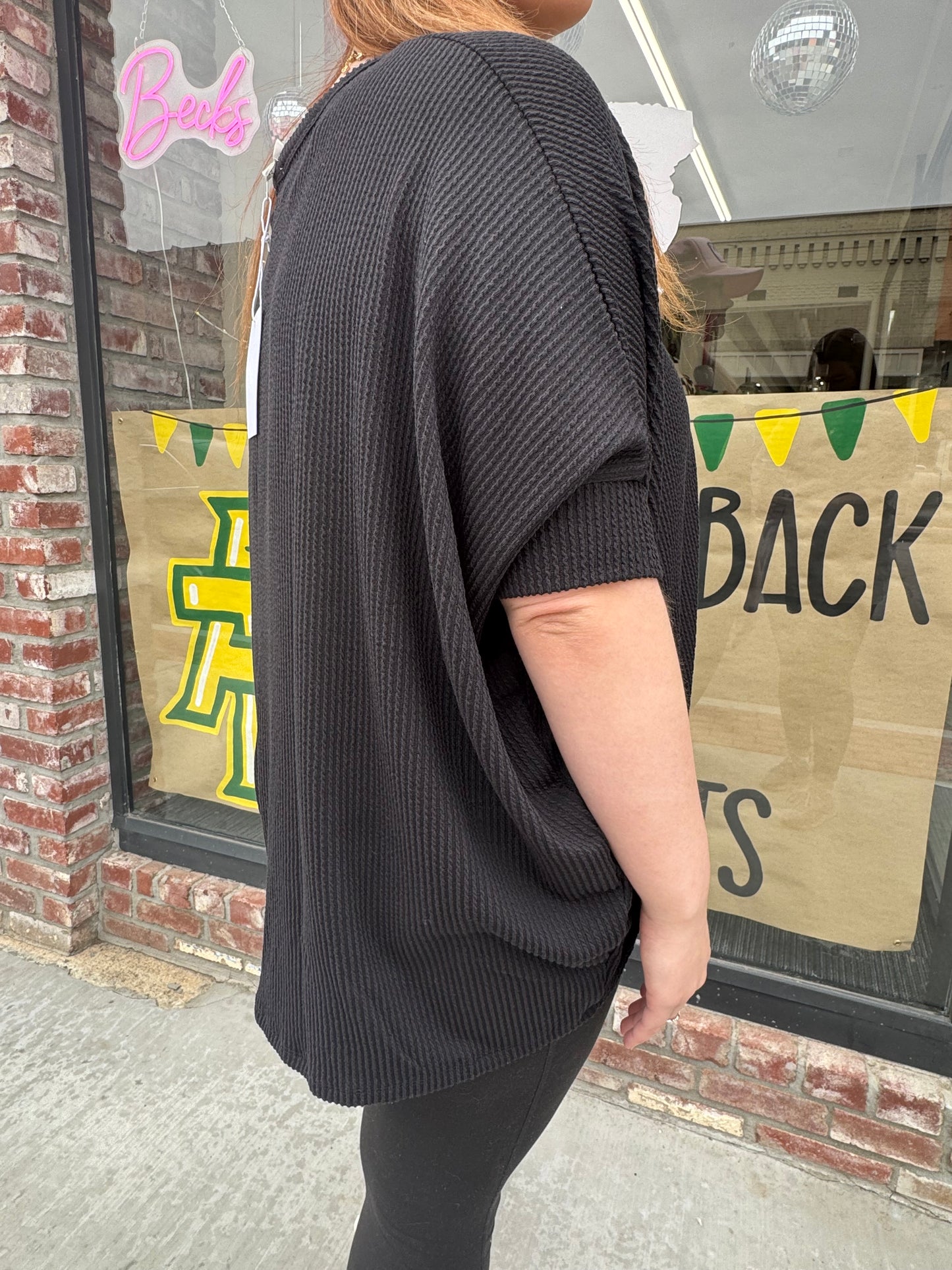 Black Oversized Ribbed Blouse