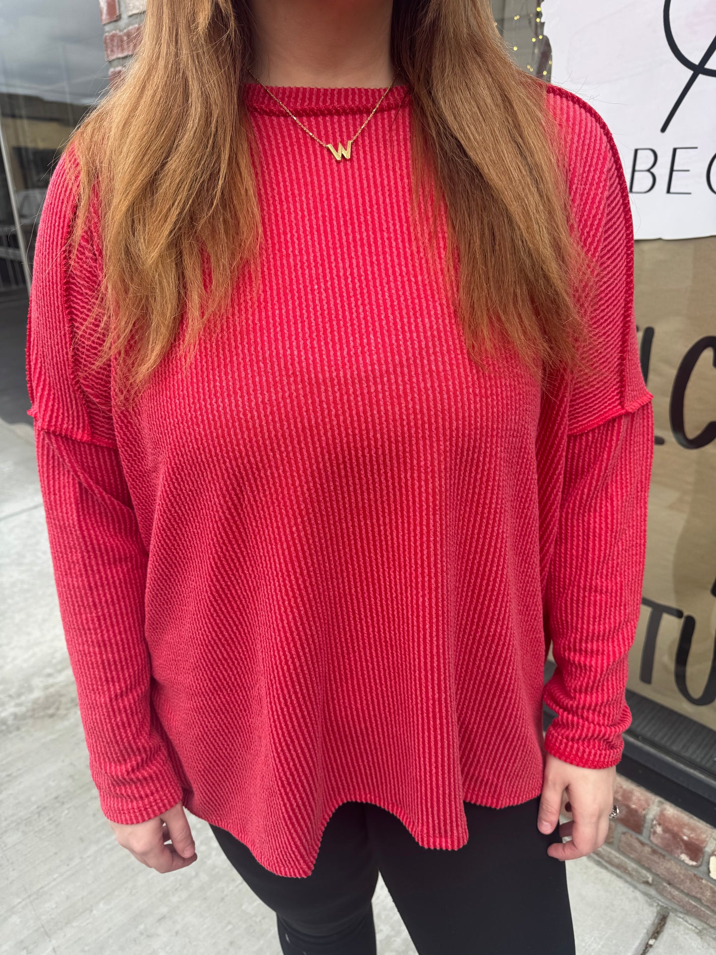 Red Ribbed Oversized Top