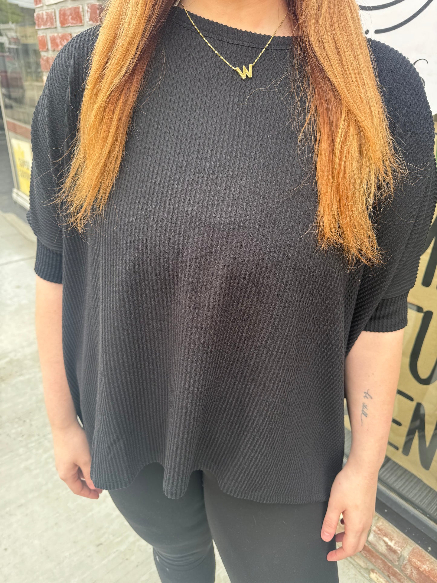 Black Oversized Ribbed Blouse