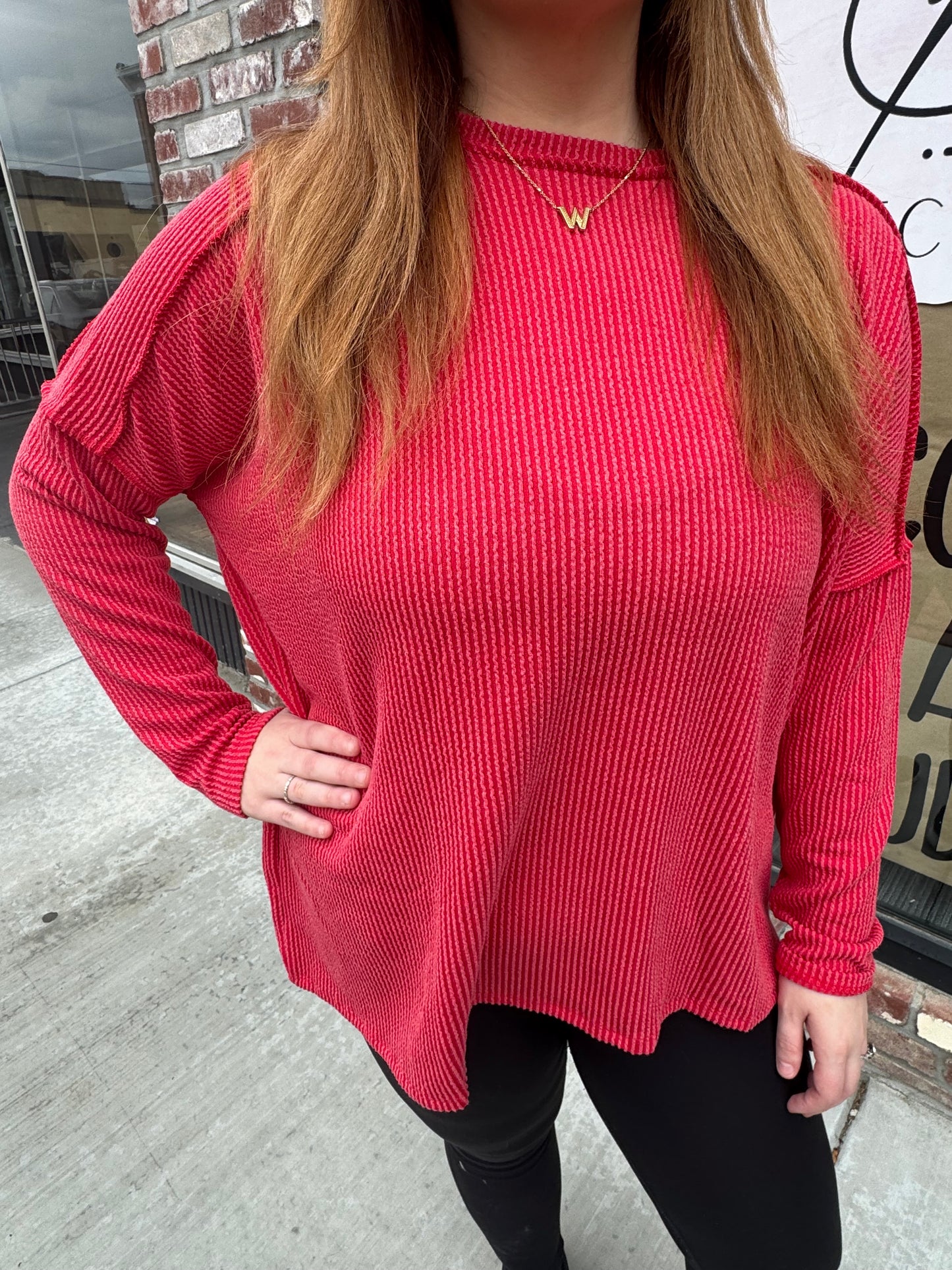 Red Ribbed Oversized Top