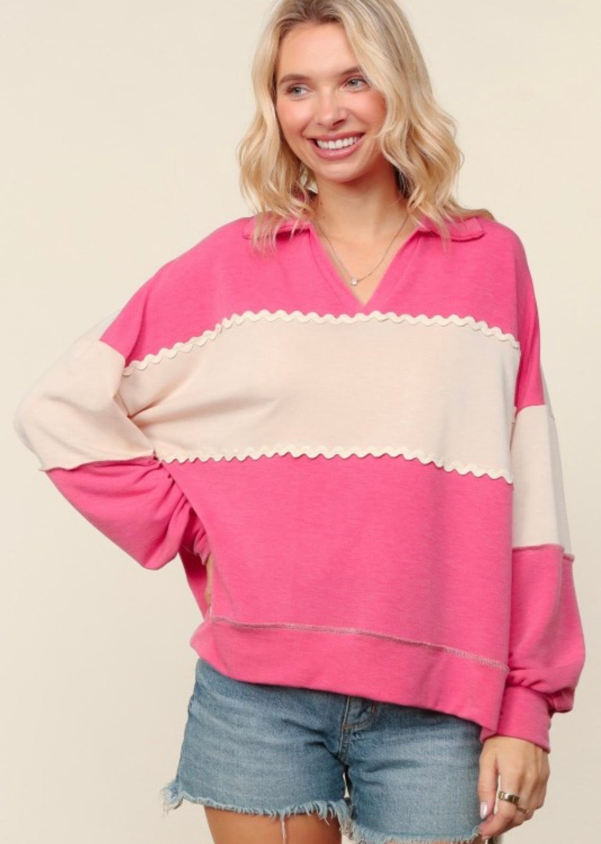 Pink Block Color Pullover Top