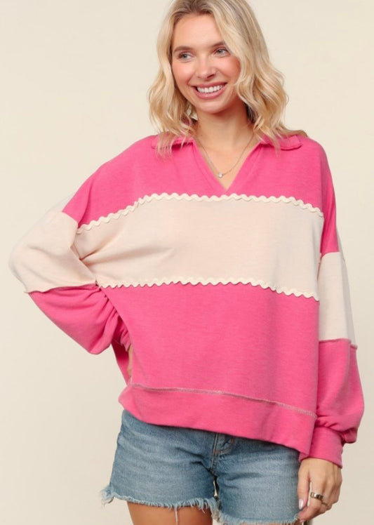 Pink Block Color Pullover Top