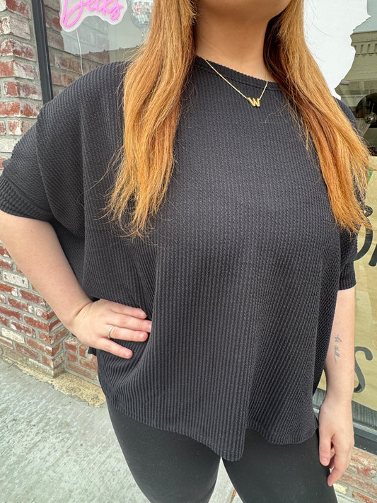 Black Oversized Ribbed Blouse