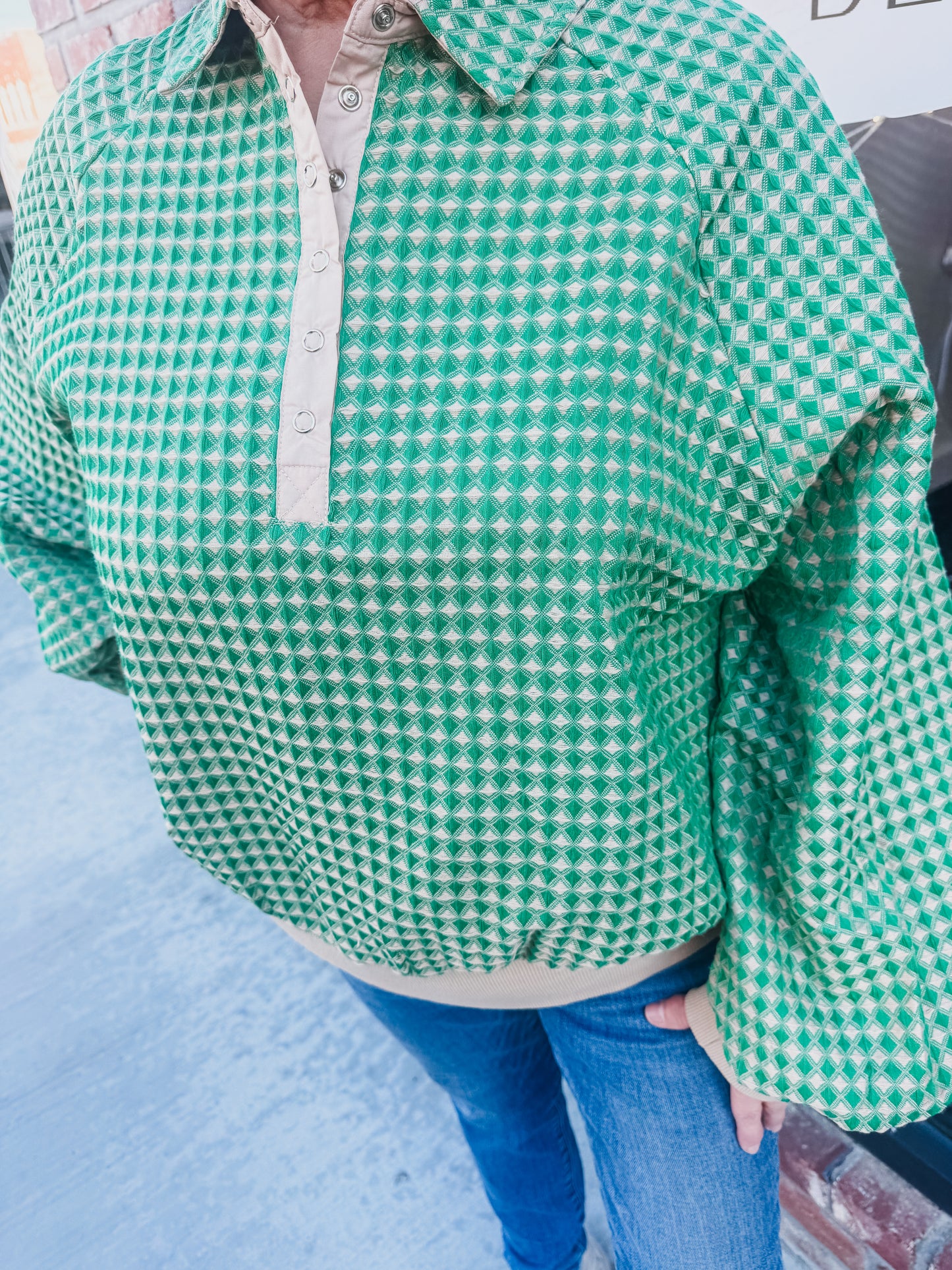 Green & Tan Collared Oversized Blouse