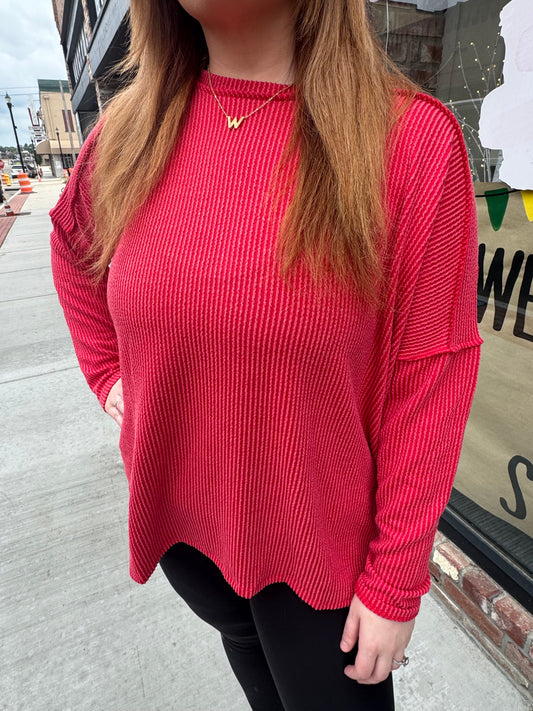 Red Ribbed Oversized Top