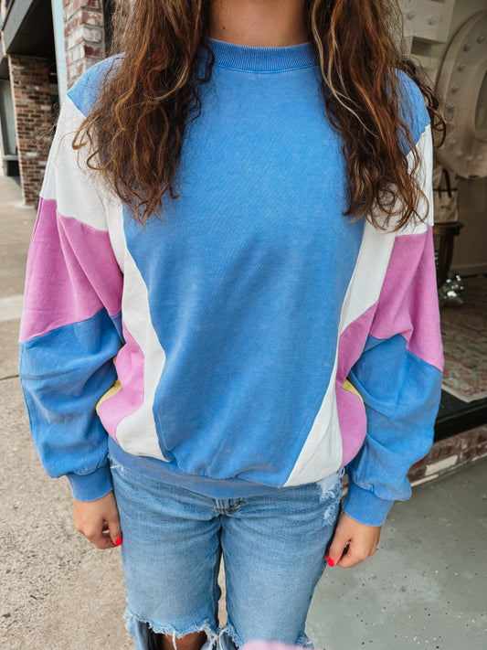 COLOR BLOCK MINERAL WASHED PULLOVER