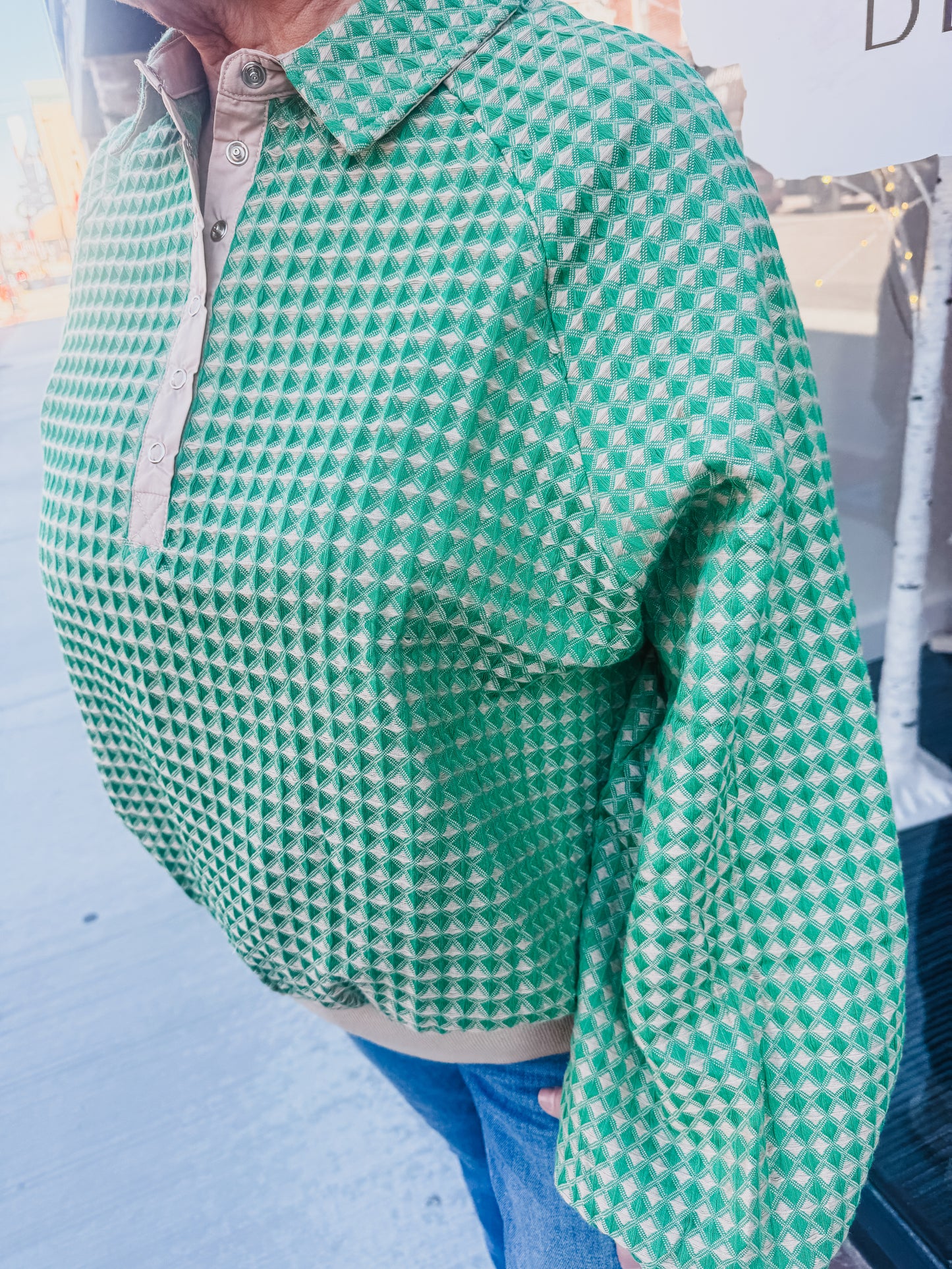 Green & Tan Collared Oversized Blouse