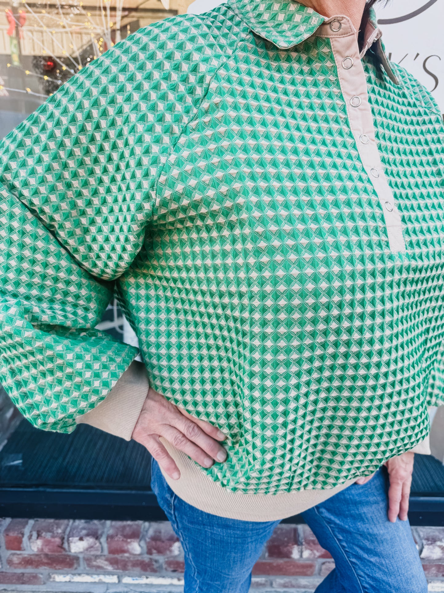 Green & Tan Collared Oversized Blouse