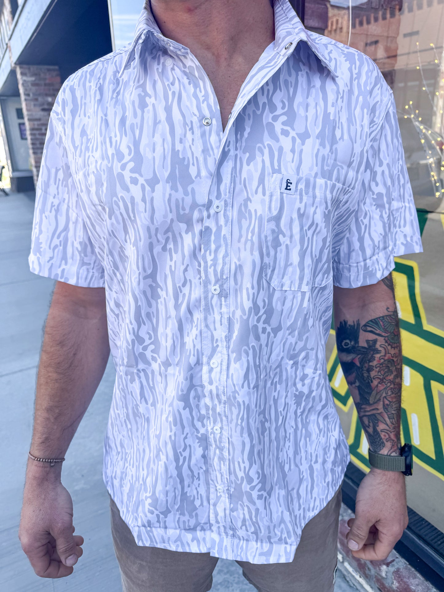 Men’s White Camo Snap Tee